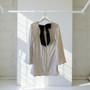 White sequin a line party dress new black tie bow in back